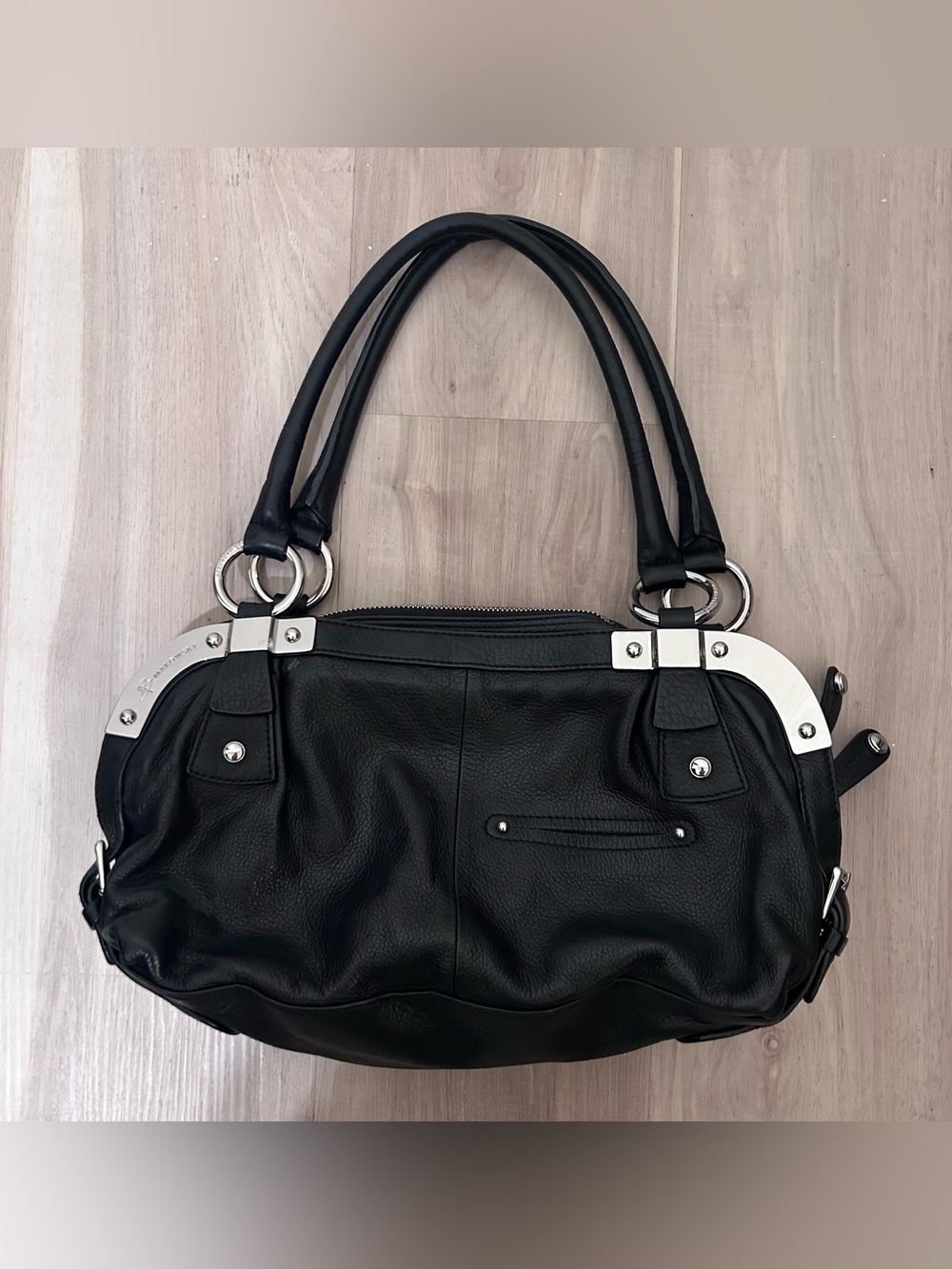 b. makowsky Black Leather Shoulder Bag with Silver Hardware Y2K goth punk metal
